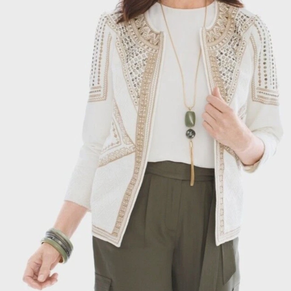 Chico's Ivory and Gold Beaded Jacket